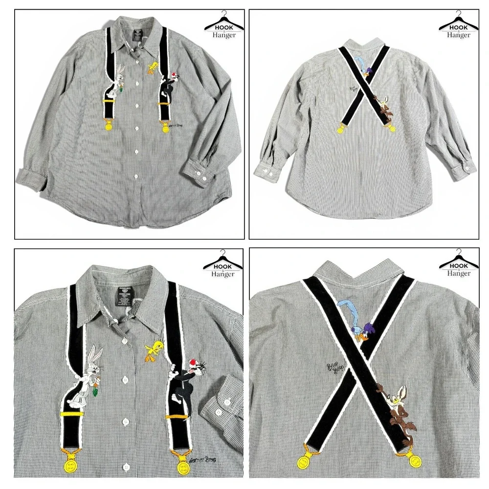 Vintage Warner Bros Looney Tunes Shirt XL Black White Gingham 90s Faux Suspender - Picture 2 of 13